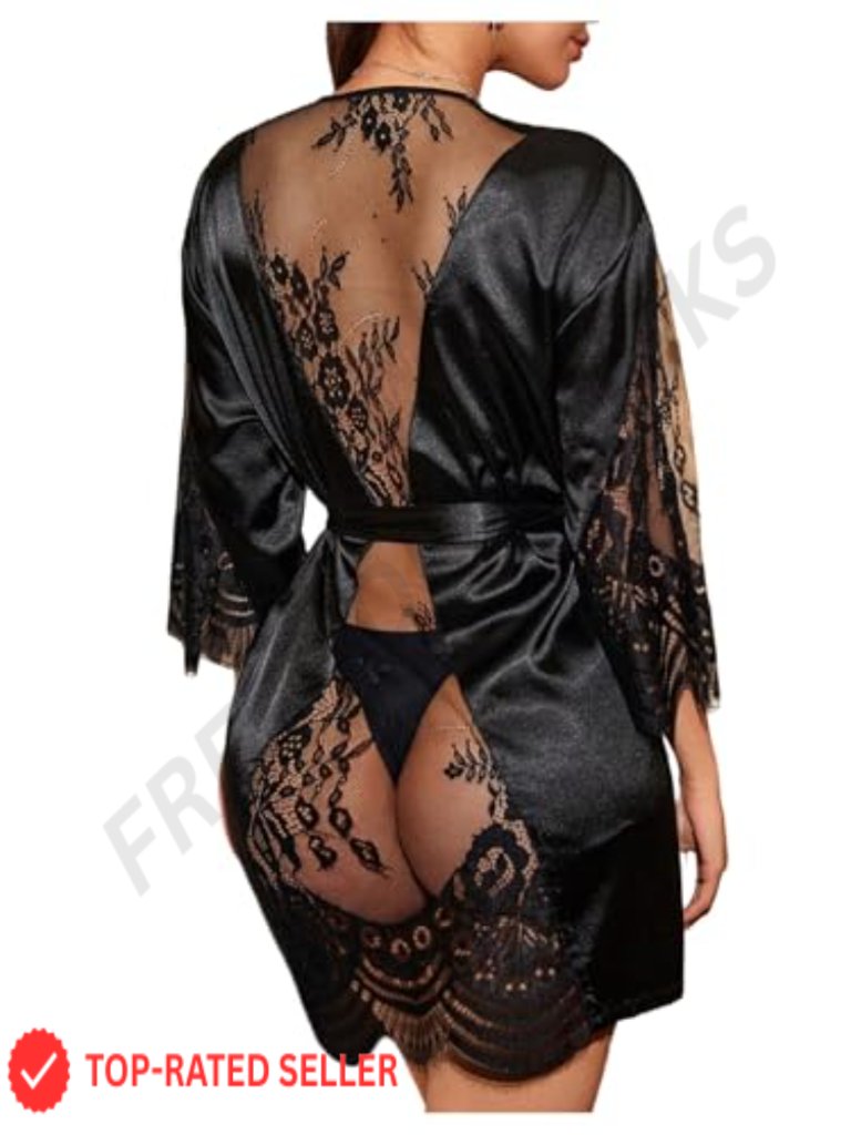 Womens Lace Sheer Satin Kimono Robe Bridesmaid Sleepwear With Belted